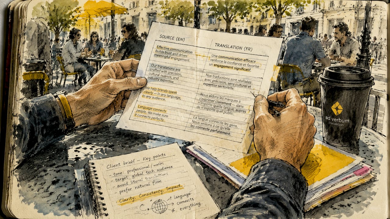 Hände, die ein Übersetzungsdokument und handschriftliche Notizen halten