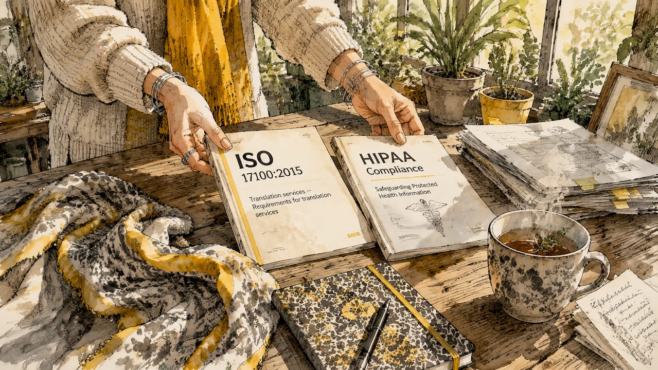 Hands organizing medical translation compliance standards