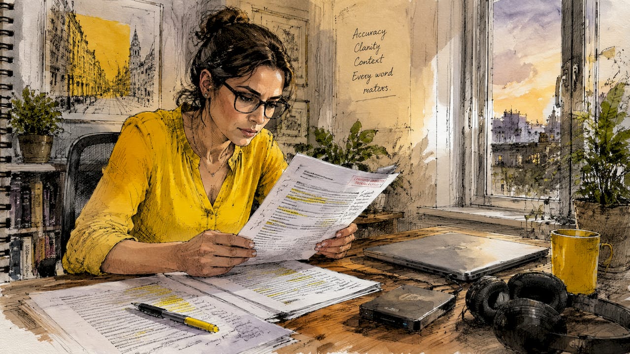 Compliance officer reviewing translation security documents
