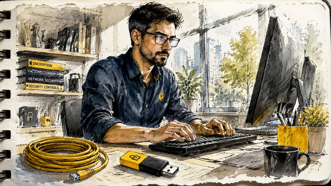 IT specialist typing encryption controls on keyboard