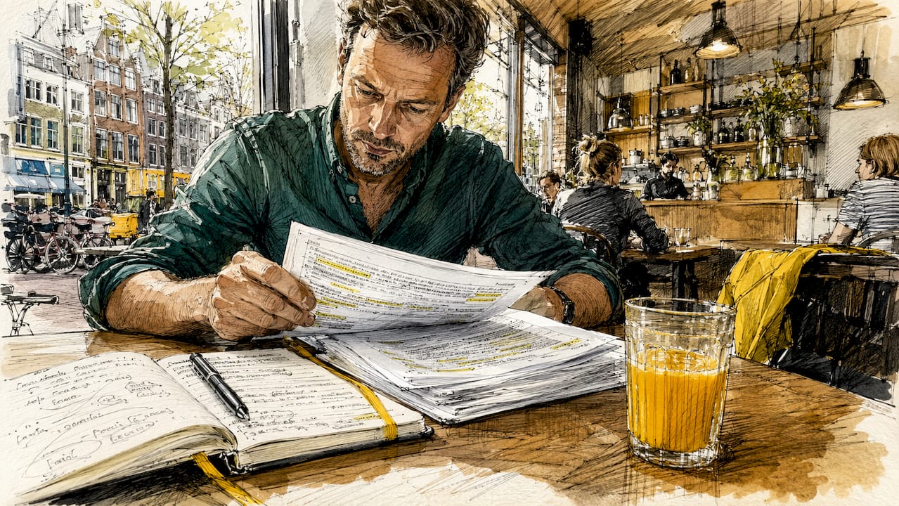 Een compliance officer beoordeelt taalkundige documenten zorgvuldig om te controleren of ze aan de wettelijke eisen voldoen.