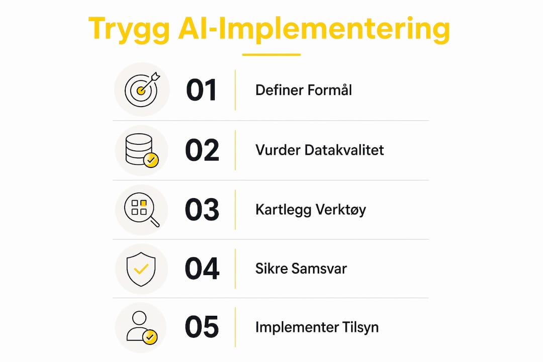 Infografikk som gir en oversikt over steg for sikker innføring av AI i bransjer med strenge reguleringer