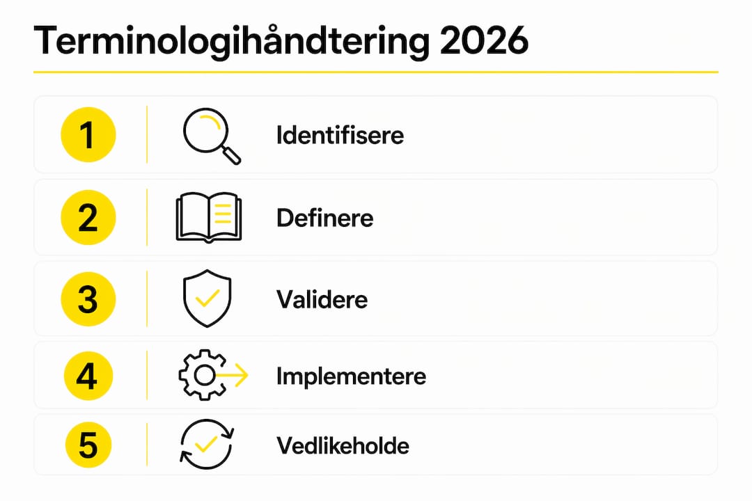 Oversiktlig infografikk som illustrerer de ulike stegene i arbeidet med terminologihåndtering