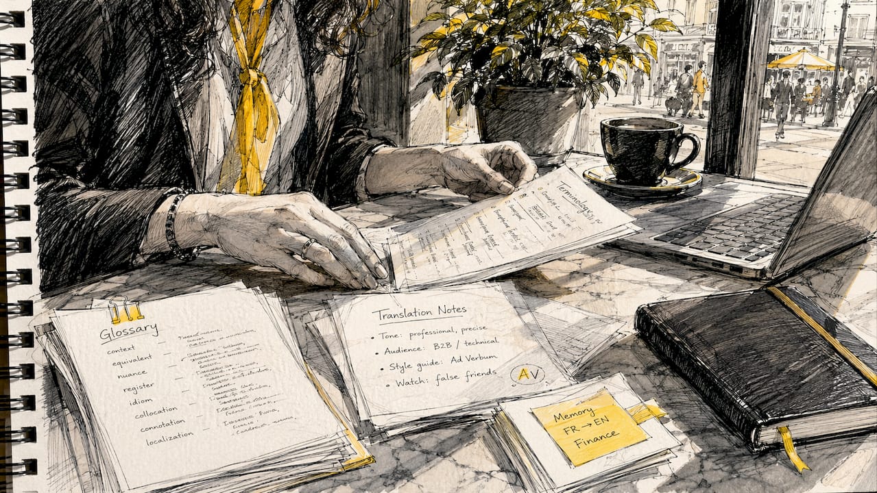 Hands organizing translation memory documents