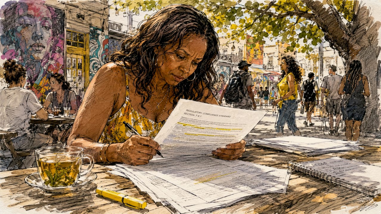 Translator reviewing documents in studio
