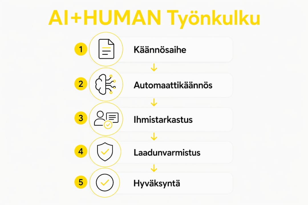 Infograafi tekoäly- ja ihmiskääntäjän yhteistyöstä: vaihe vaiheelta sujuva käännösprosessi