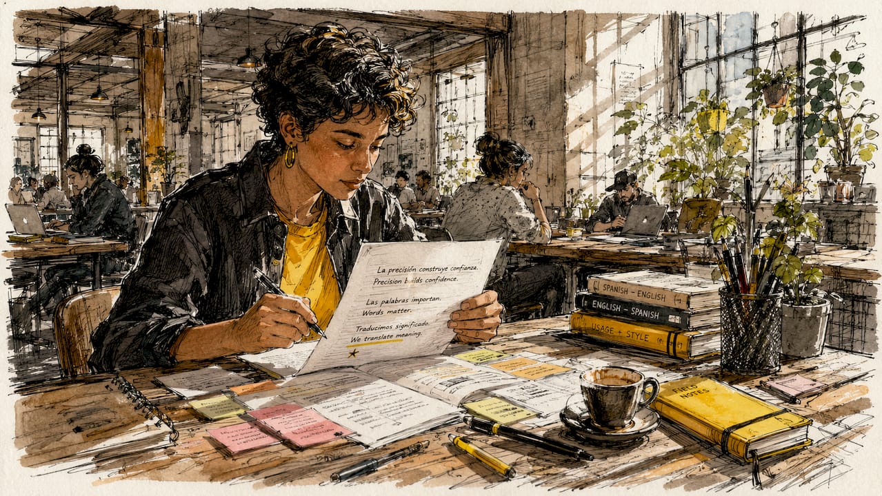 Urban sketch of person working on translation text segments at co-working space