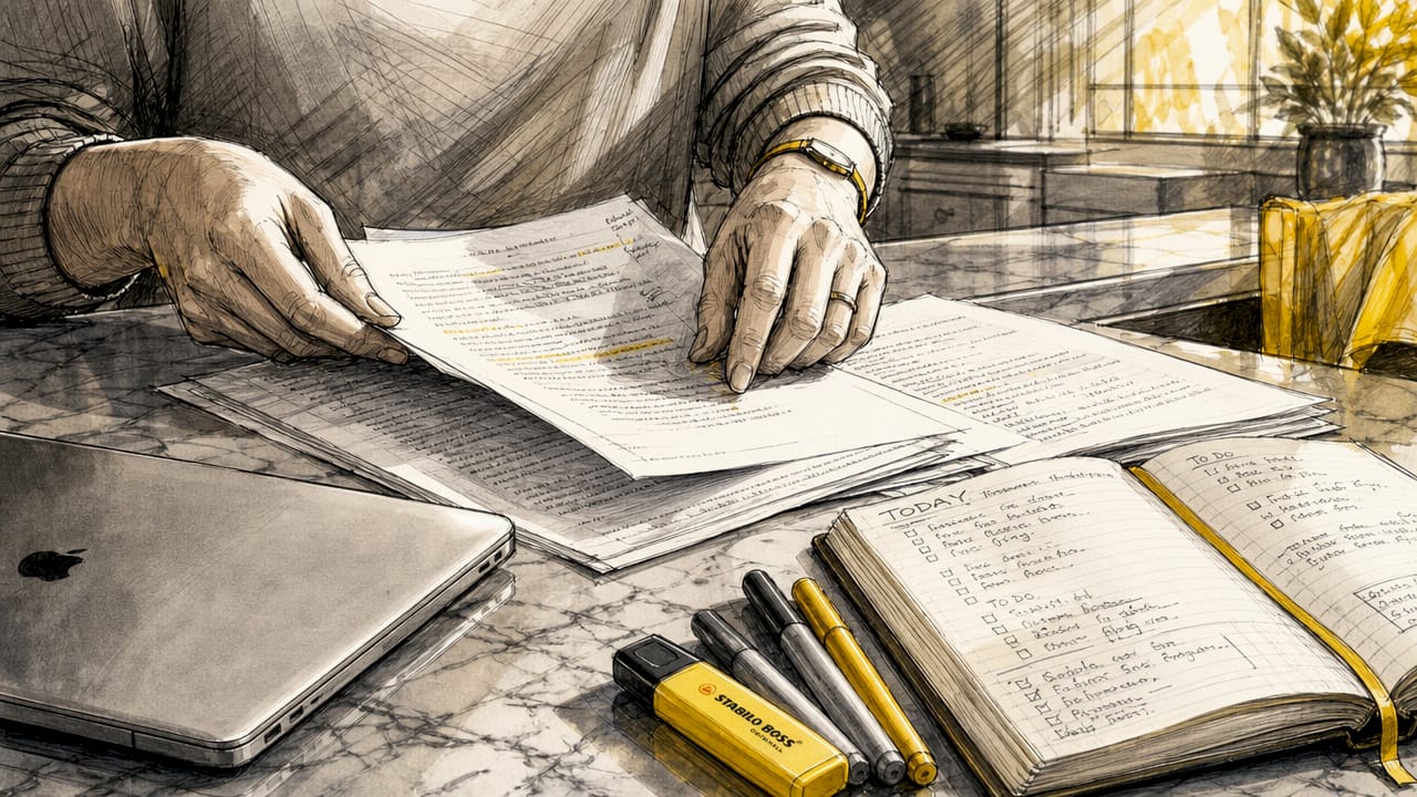 Hands flipping document pages in a home study environment
