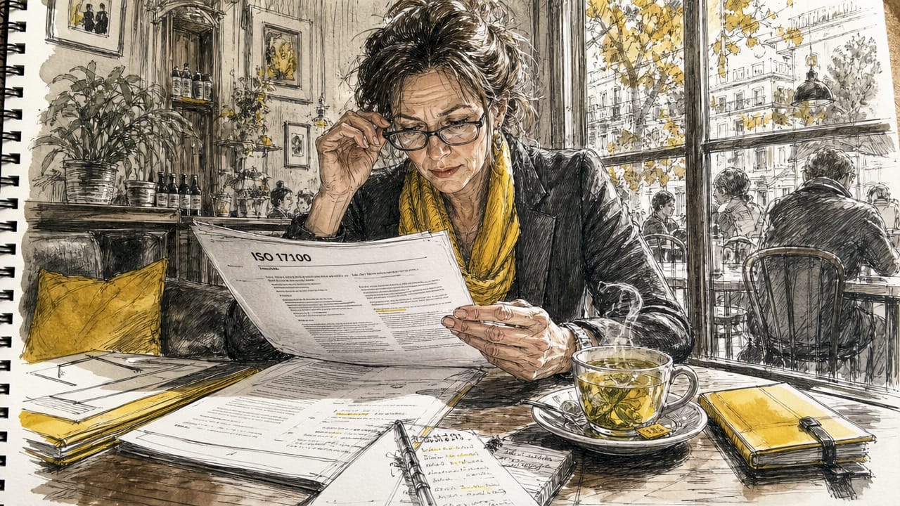 Een vrouw bekijkt ISO-documenten in haar thuiskantoor.