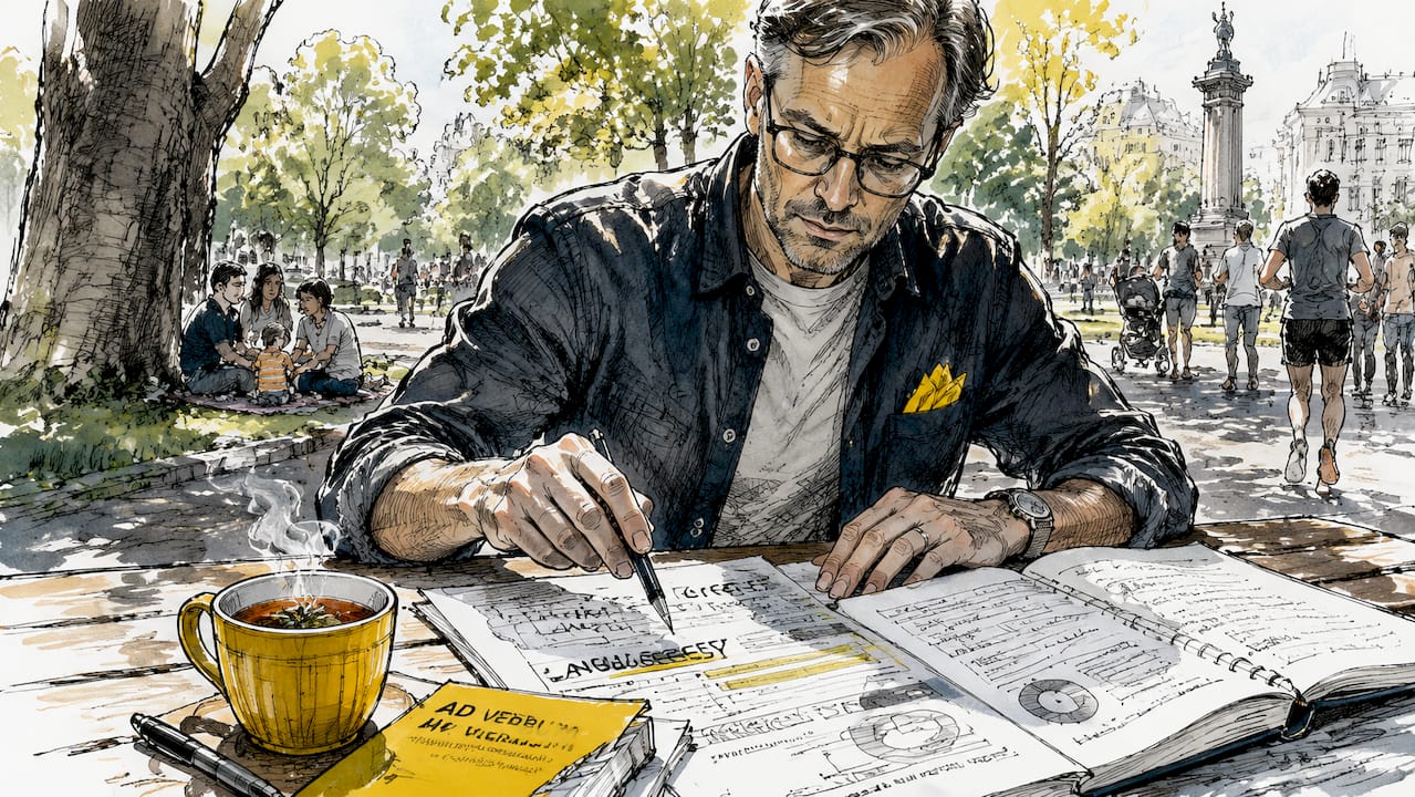 Projektipäällikkö käy läpi kielistrategiaa kahvilassa kahvikupposen äärellä.