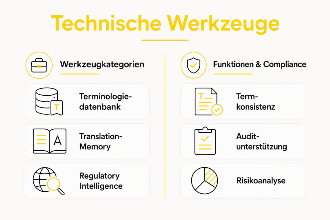 In dieser Infografik werden Tools vorgestellt, die Unternehmen dabei unterstützen, Terminologievorgaben konsequent einzuhalten.