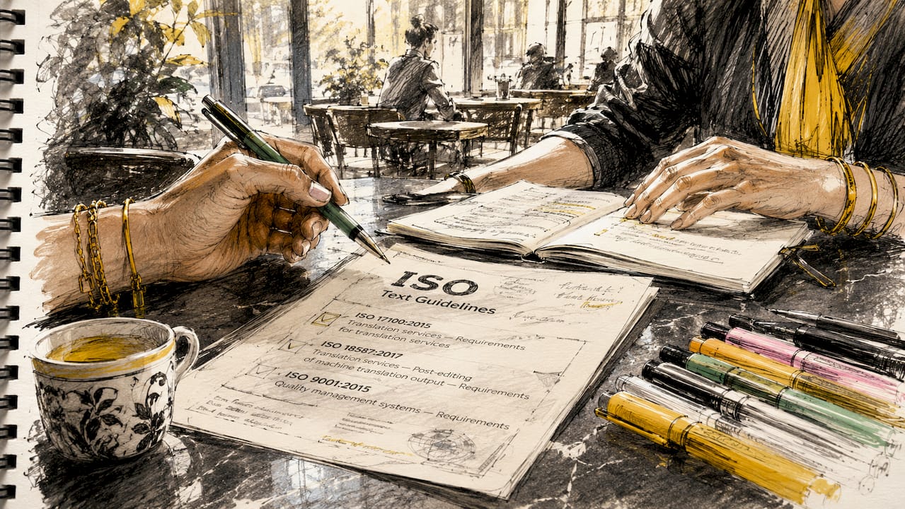 Händer som granskar och kommenterar dokument för ISO-certifiering av språk.
