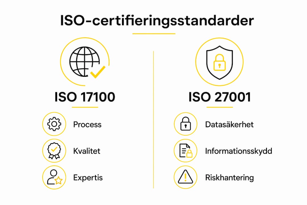 En tydlig infograf som visar skillnader och likheter mellan ISO 17100 och ISO 27001-standarderna