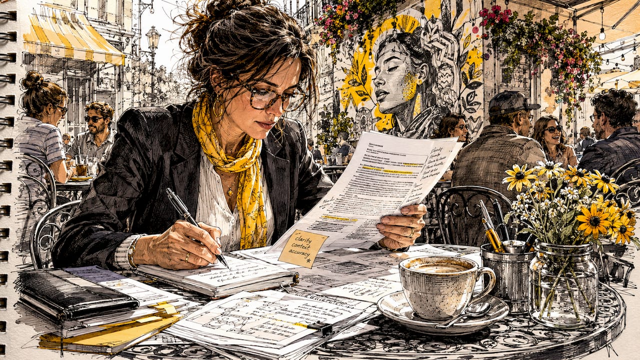 Oversetteren sitter på kaféen med en kopp kaffe og dykker ned i tekniske dokumenter.
