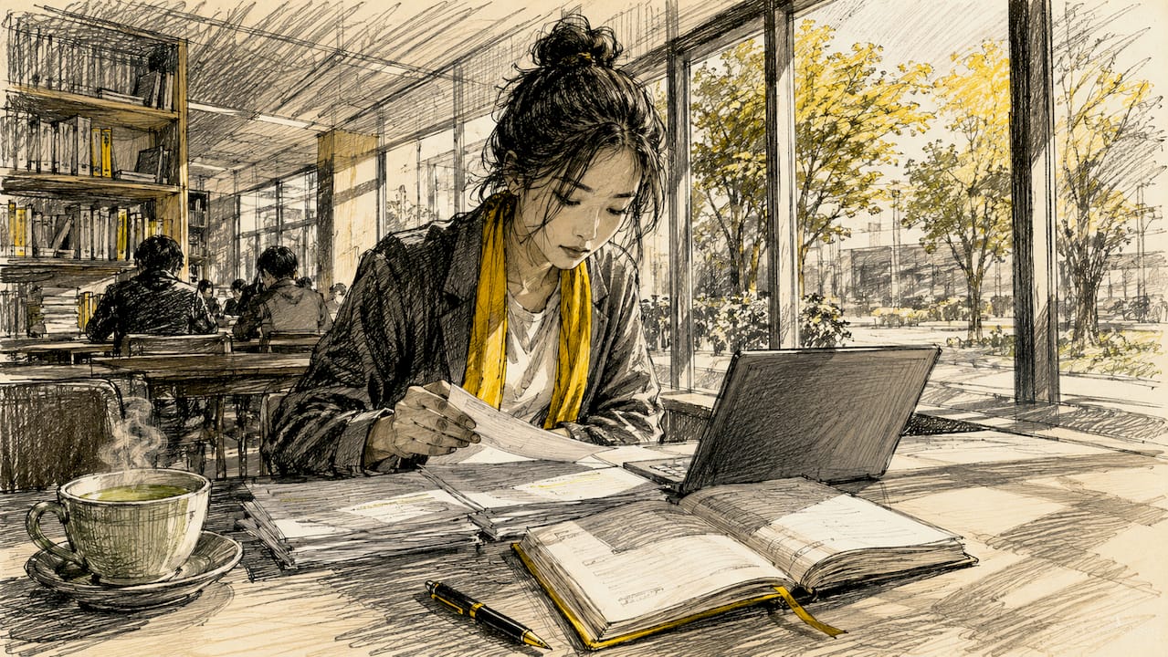 Op kantoor kijkt een vrouw zorgvuldig verschillende documenten in meerdere talen na.
