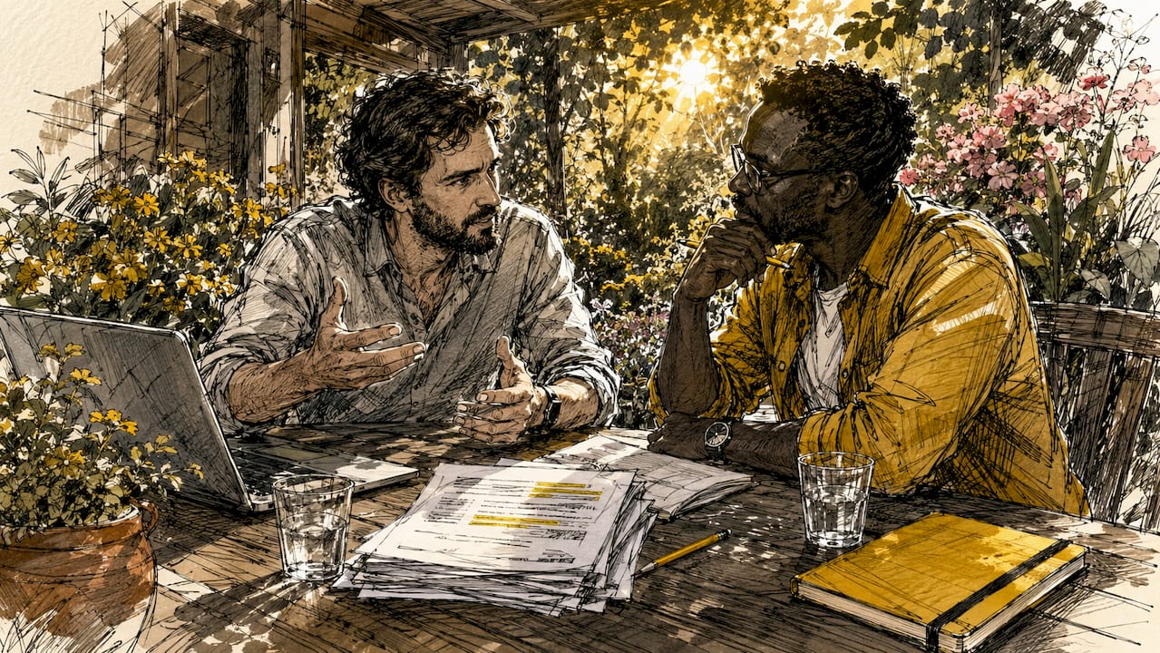 Twee mannen bespreken samen een hybride werkwijze voor vertalen