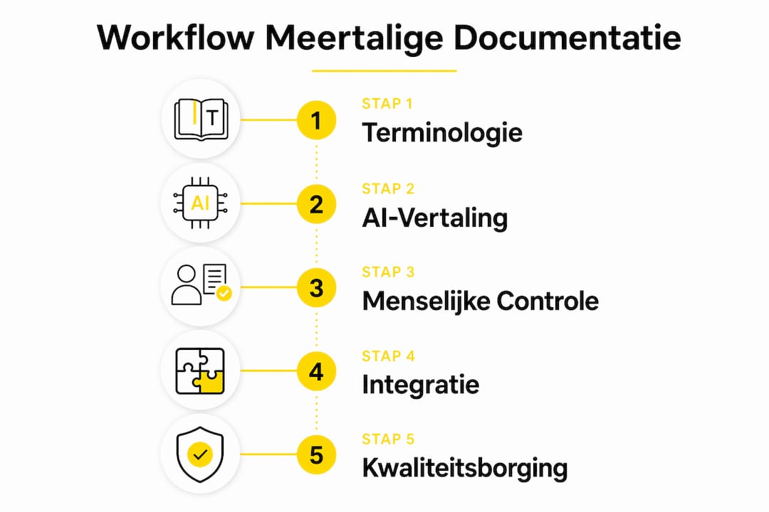 Visuele weergave van het stappenplan voor een meertalige documentatieworkflow