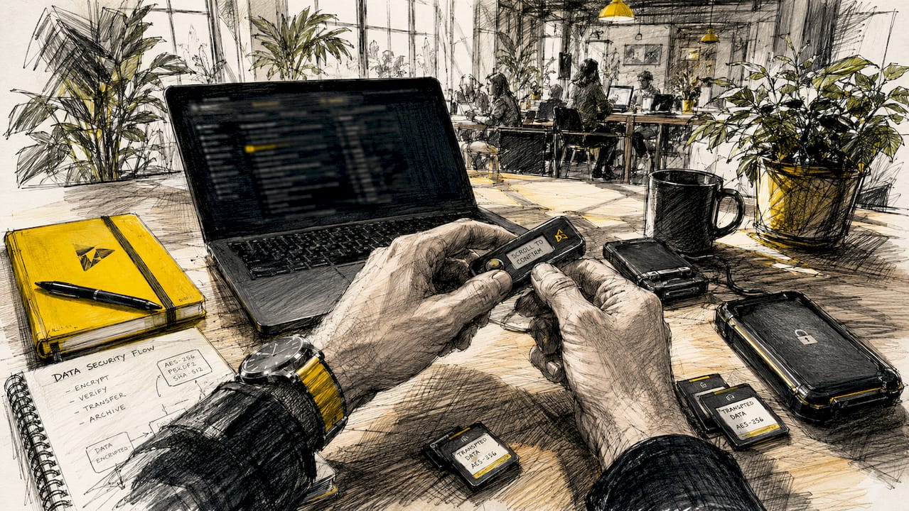 Detailaufnahme: Hände arbeiten an moderner Verschlüsselungstechnologie