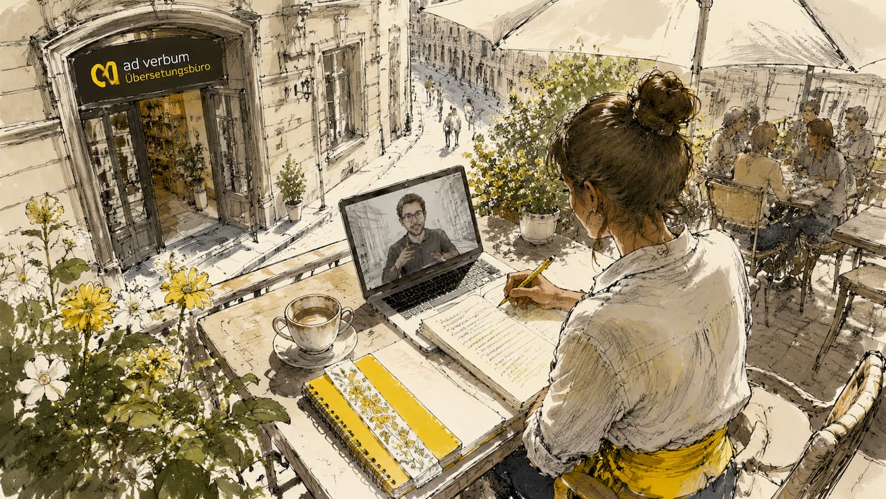 Facharbeit am Laptop im Straßencafé erledigen
