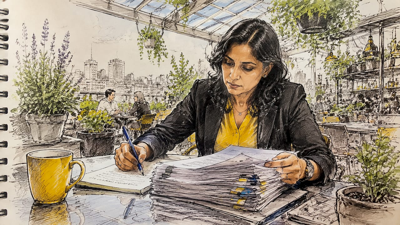 Compliance officer studying regulatory documents at workspace