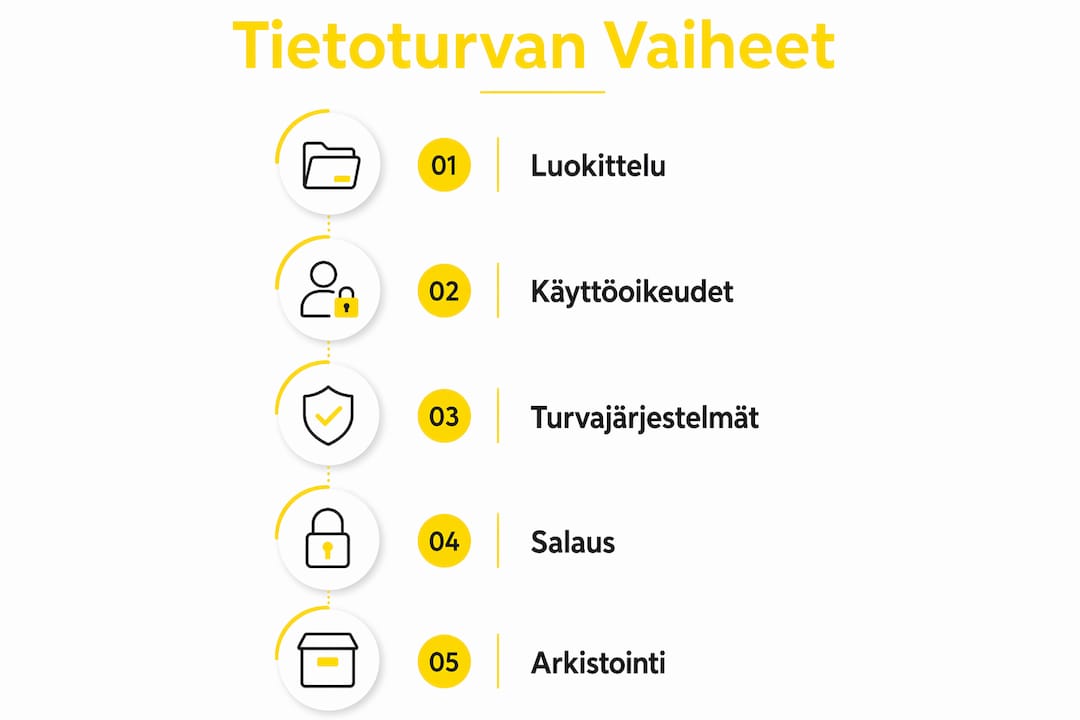 Kuvallinen katsaus käännöstyön tietoturvan eri vaiheisiin