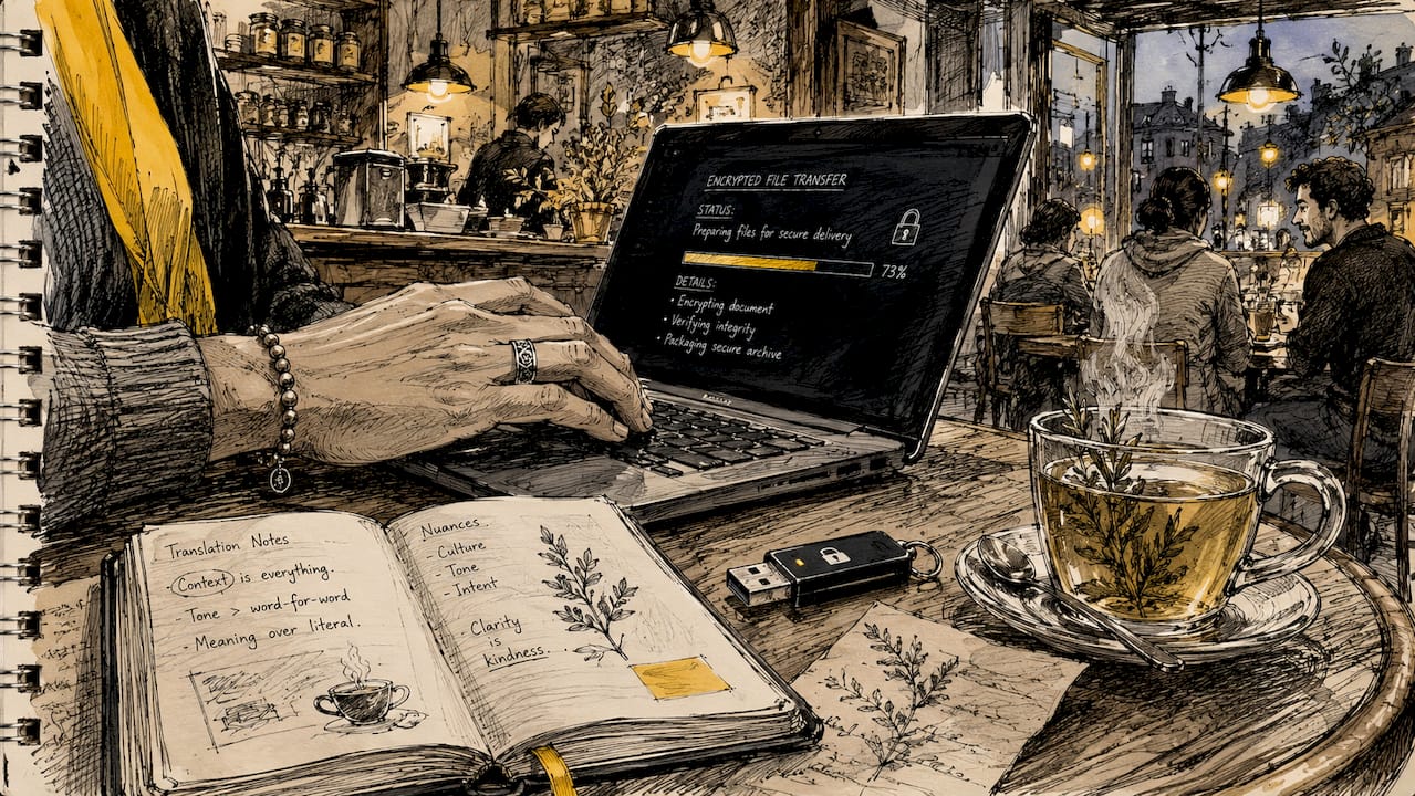 Hands typing on laptop at desk lamp