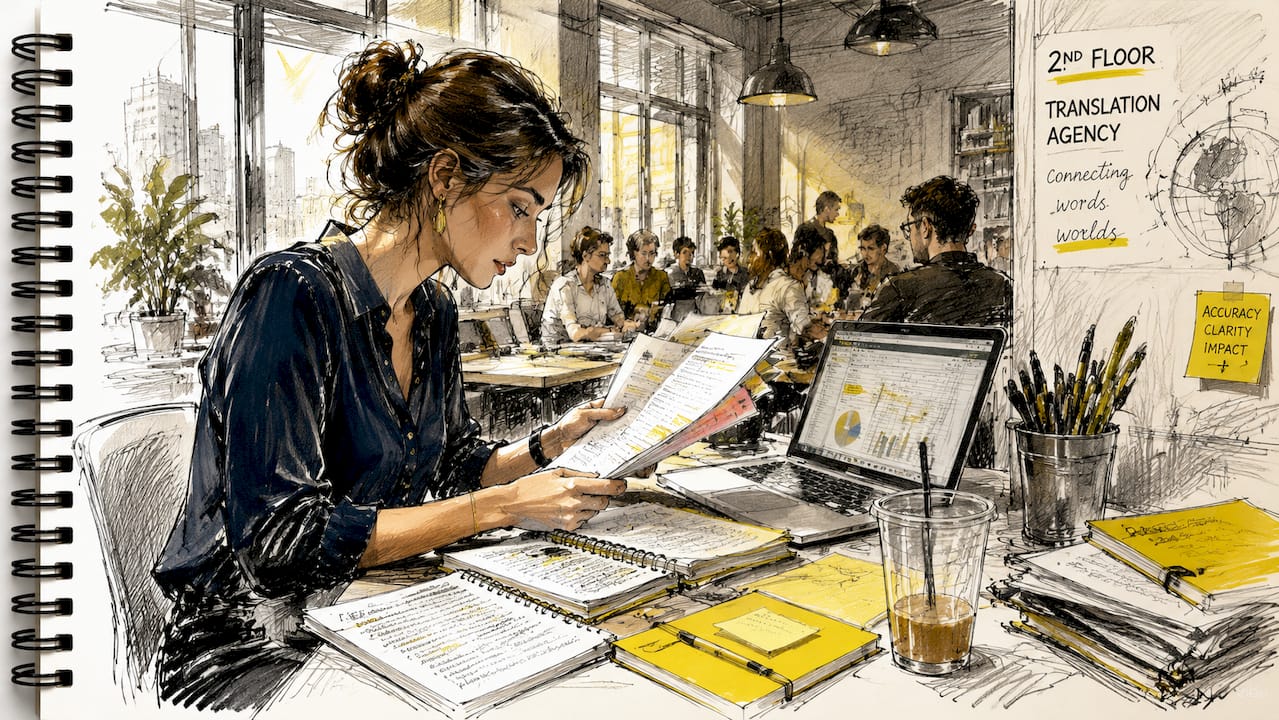 Translation manager reviewing workflow documents