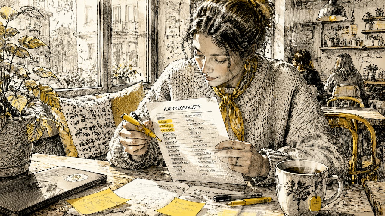 En person sitter ved pulten og ser grundig gjennom en sentral ordliste.