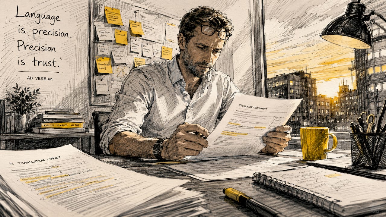 En mand sidder ved sit skrivebord og gennemgår dokumenter oversat med maskinoversættelse.