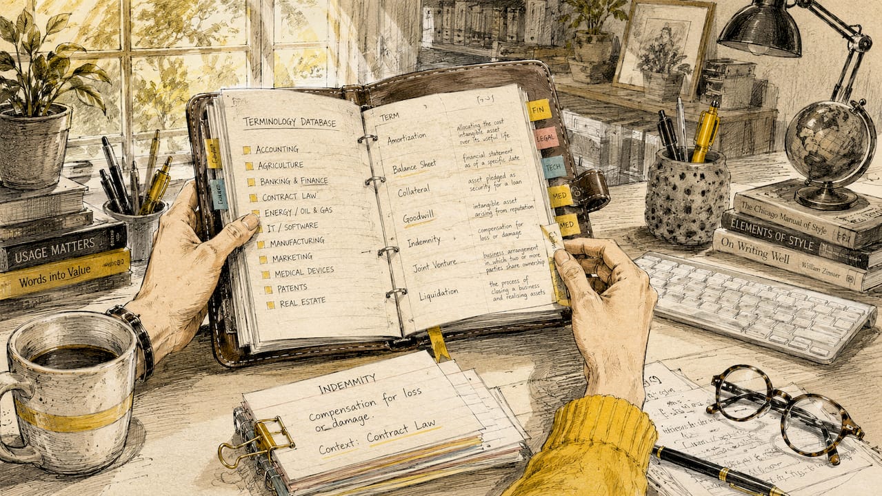 Detailaufnahme: Hände arbeiten am Schreibtisch mit Terminologie-Tools