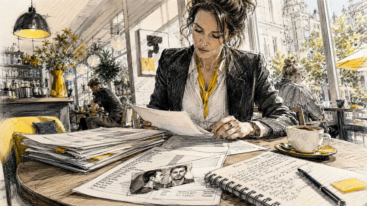 Een vertaler werkt geconcentreerd aan zijn bureau, omringd door papieren, terwijl het zonlicht zachtjes door het raam naar binnen valt.