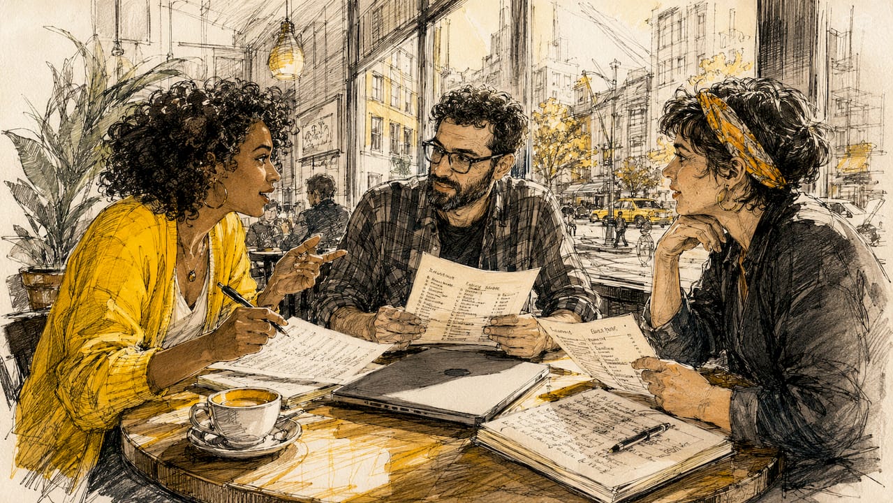 Ein vielfältiges Team tauscht sich im Besprechungsraum über Fachbegriffslisten aus.