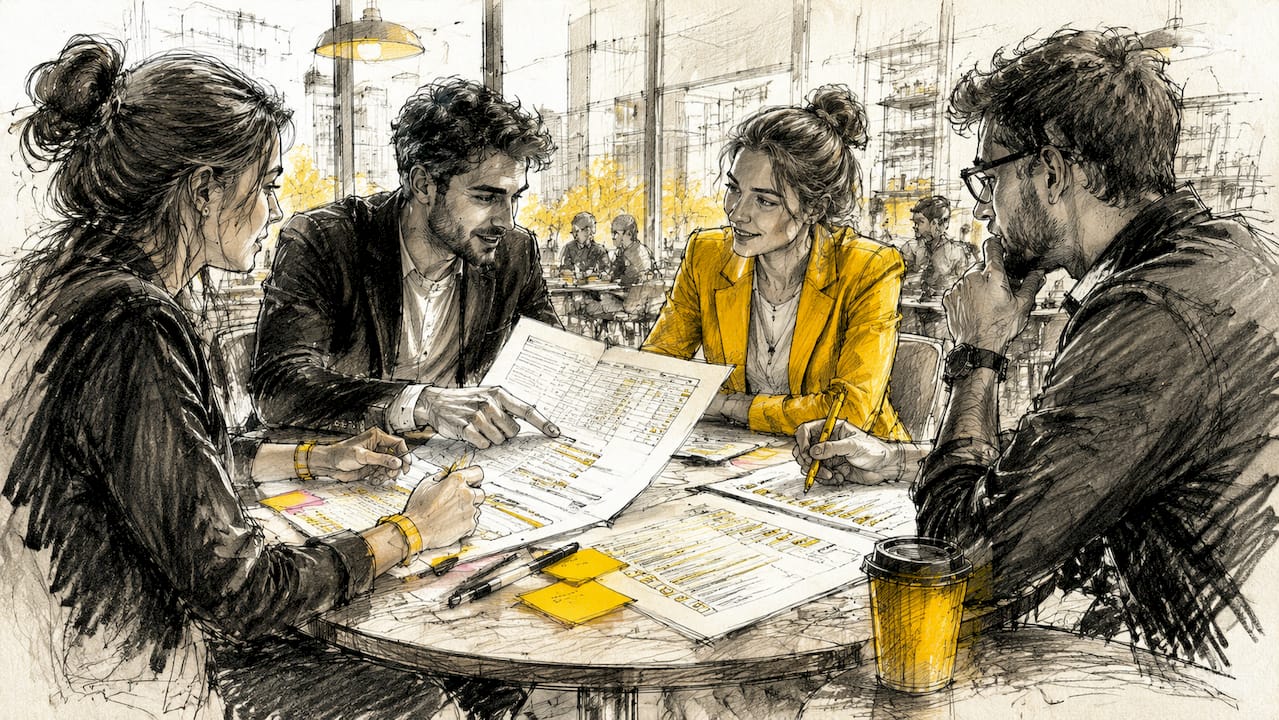 Hands pointing at compliance documents on table
