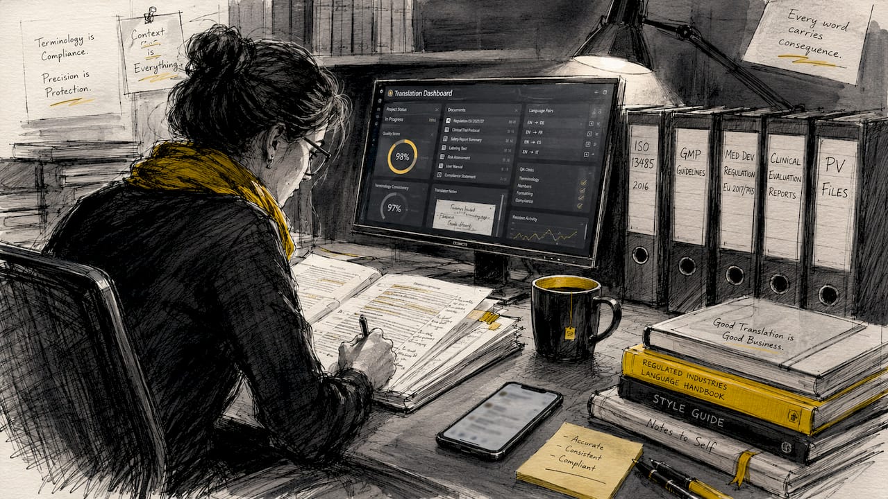 Sketch of translation workstation with documents and devices