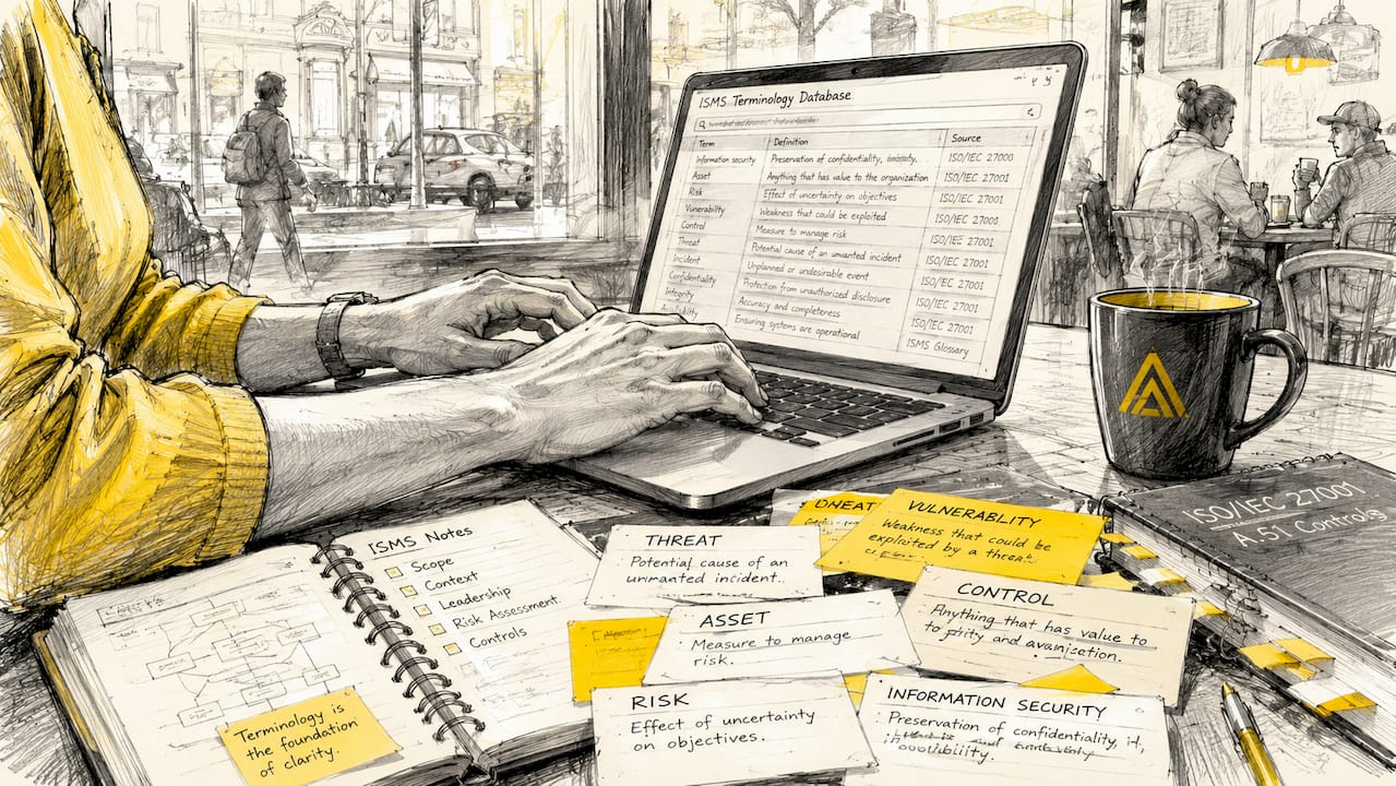 En medarbejder sidder ved skrivebordet og indtaster ISMS-relaterede termer i systemet.