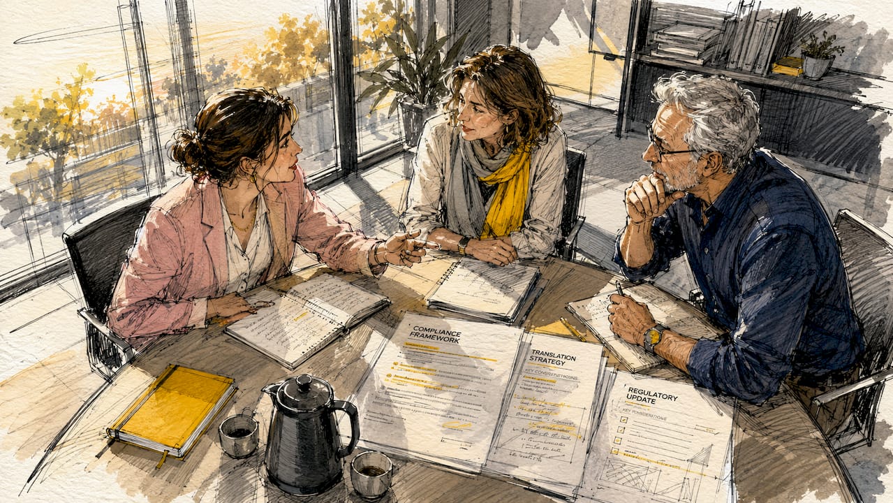 Das Team bespricht, ob das Übersetzungstool den geltenden Richtlinien entspricht.
