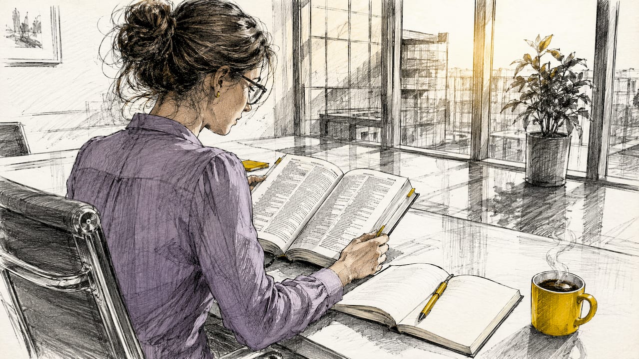 På sitt kontor går en kvinna noggrant igenom en teknisk termdatabas.