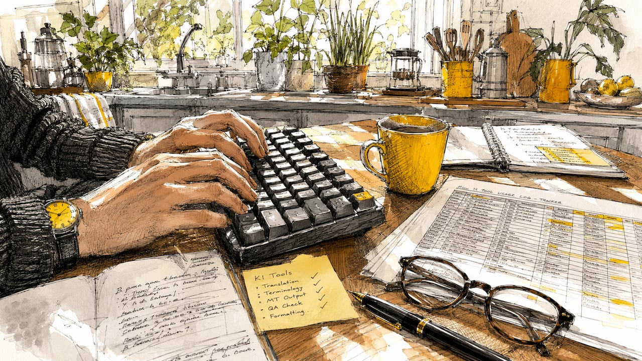Hender som skriver på tastaturet ved siden av et ark med dokumentasjon for KI-verktøy