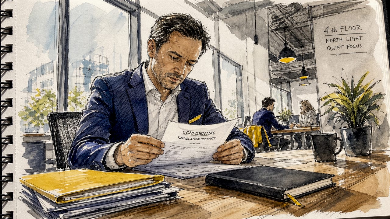 Professional reviewing secure translation documents in office