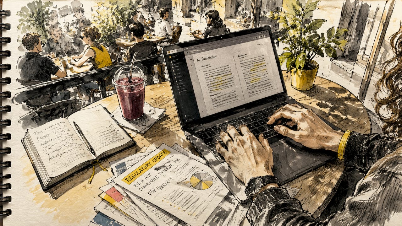 Hænder der skriver på en bærbar computer over en kop kaffe på caféen