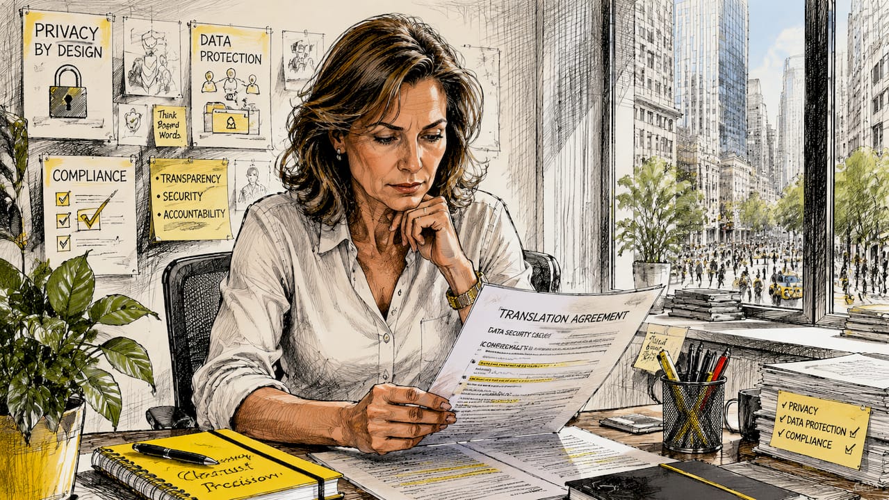 Een compliance officer controleert of de gegevensbeveiliging bij vertalingen op orde is.