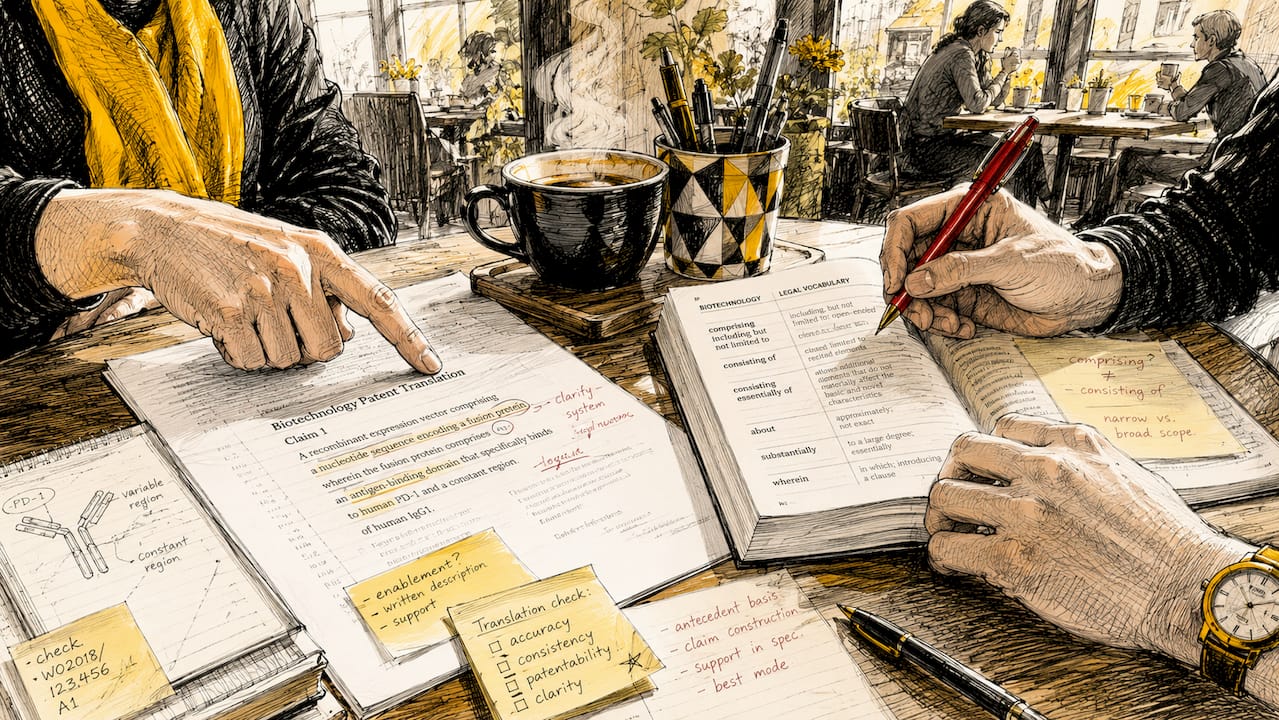 Twee mensen buigen zich samen over documenten met biotechnologiepatenten en bespreken de vertaling ervan.