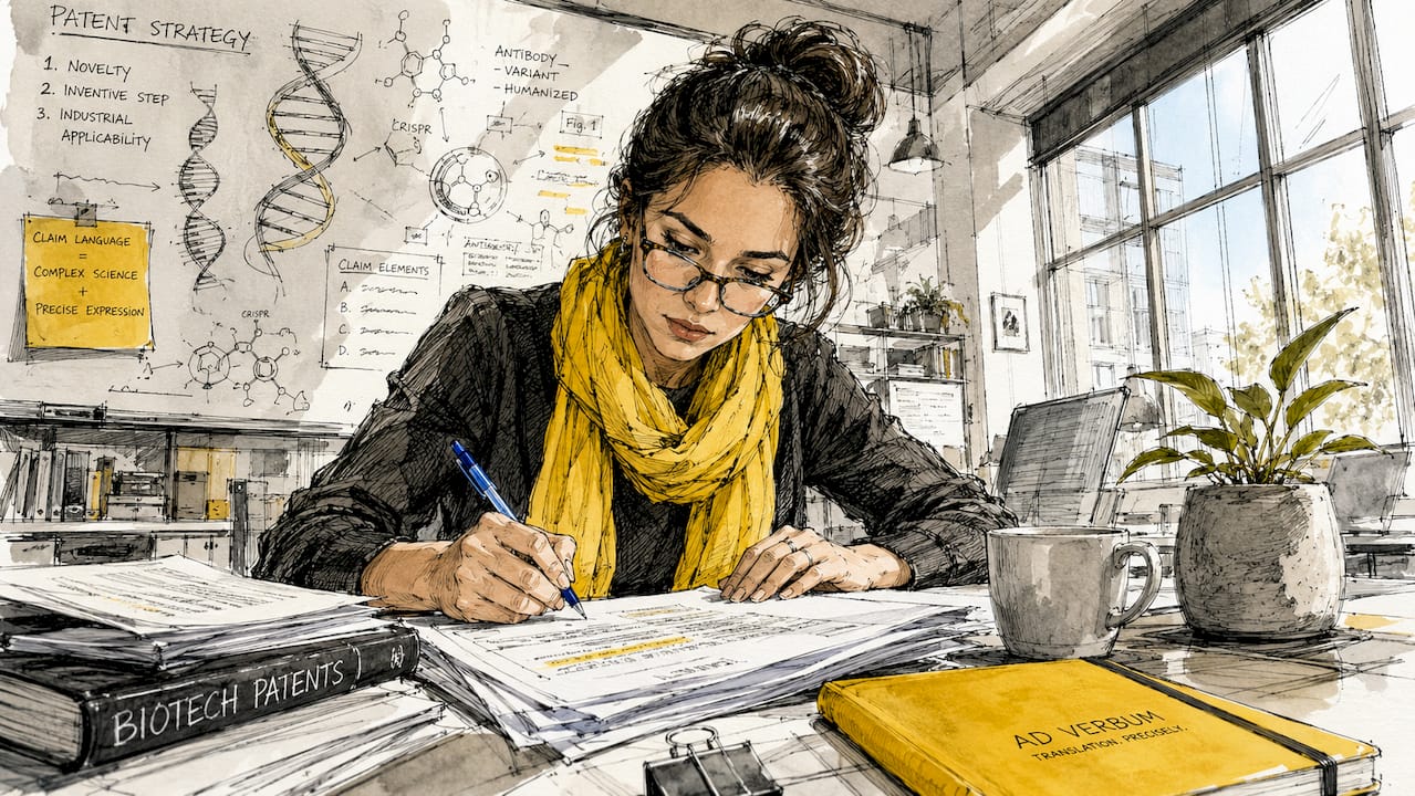 Een biotech-patentvertaler buigt zich geconcentreerd over documenten aan zijn bureau.