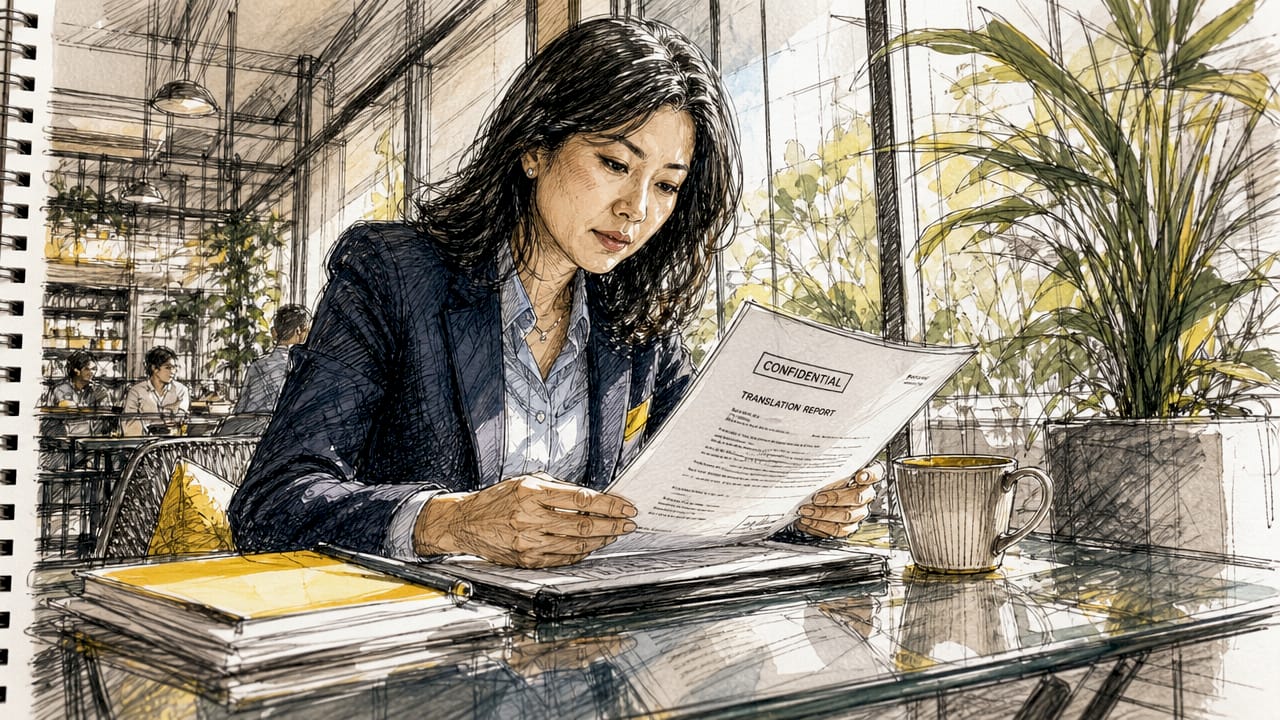 Woman reviewing secure AI translation report