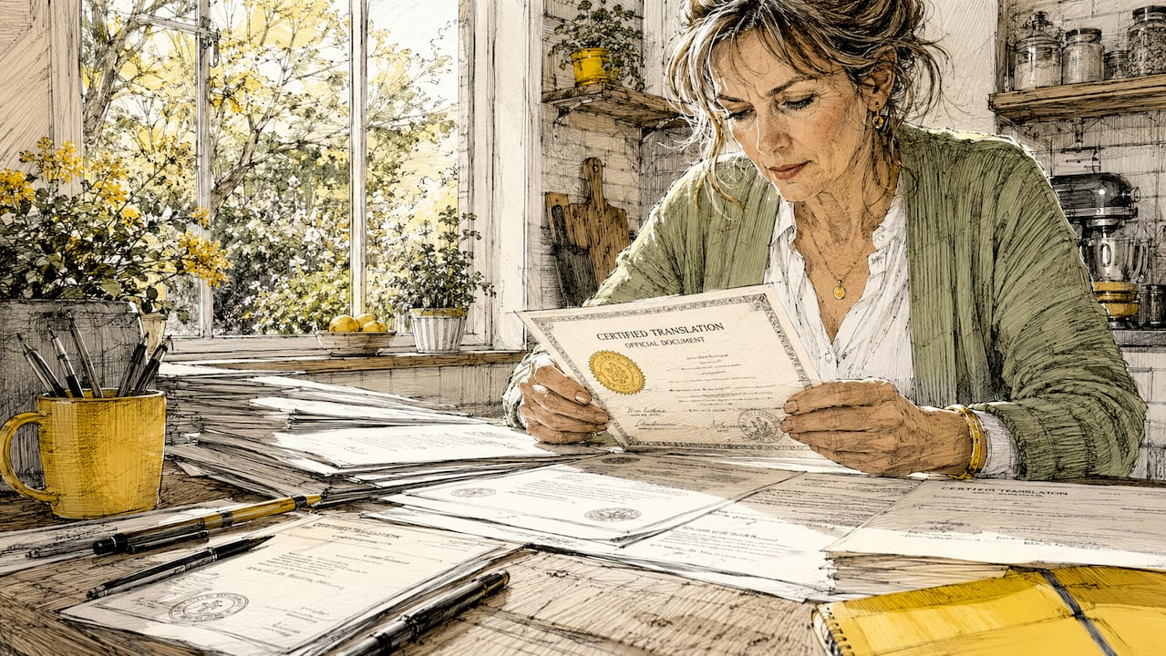 Kvinna som går igenom intyg och dokument för översättare