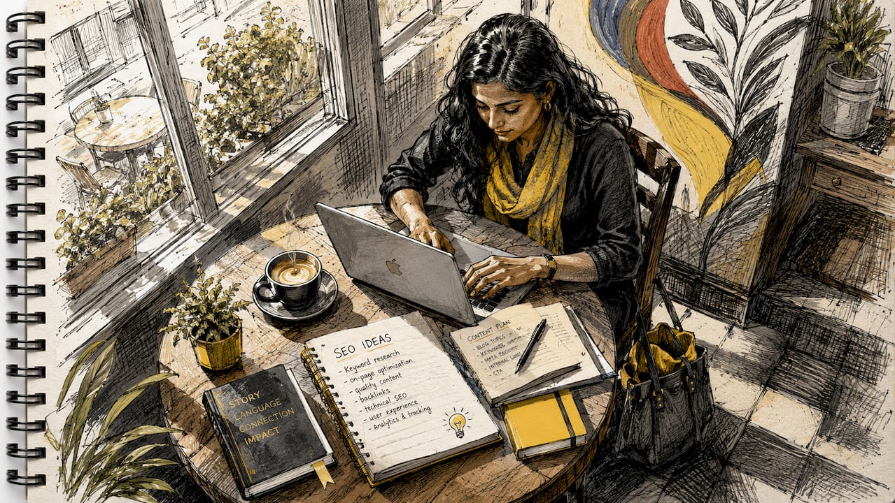 Focused woman working on laptop in creative workspace