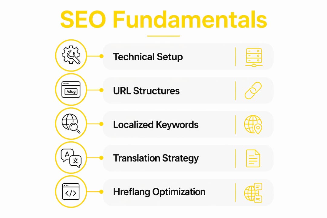Infographic showing SEO fundamentals steps for multilingual blogs