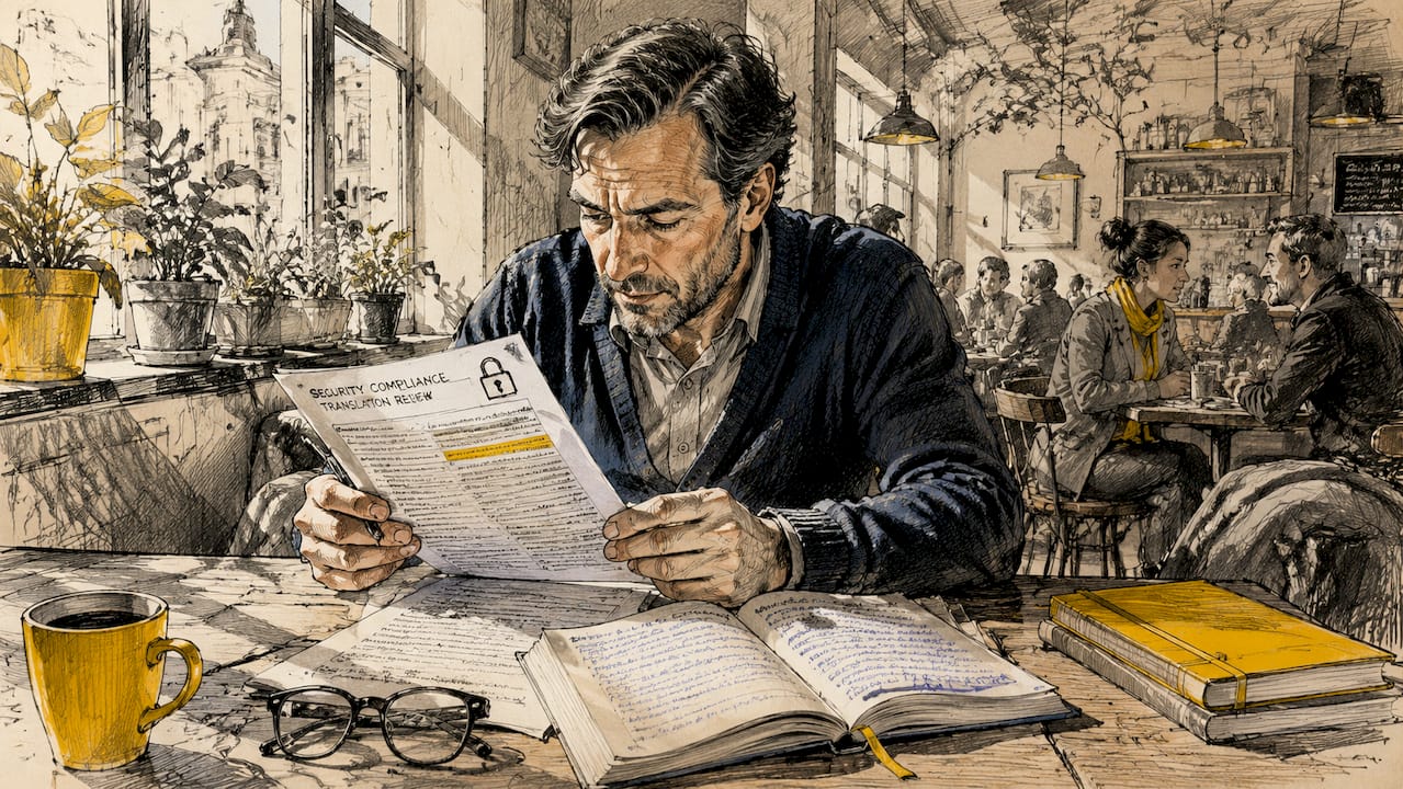 En oversetter sitter ved pulten og går nøye gjennom sikkerhetsdokumenter.