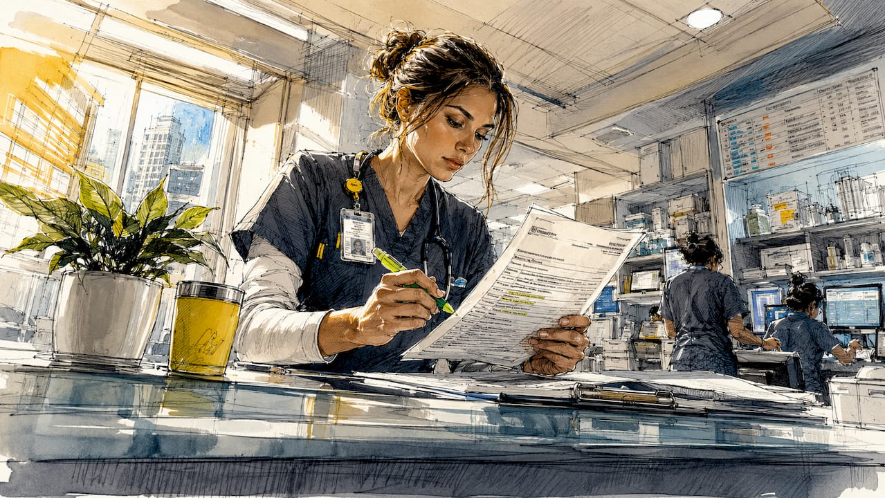 En hälsoexpert går noggrant igenom medicinska journaler på sitt kontor på sjukhuset.