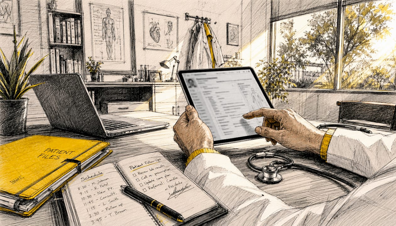 Närbild på en hand som bläddrar i en digital patientjournal